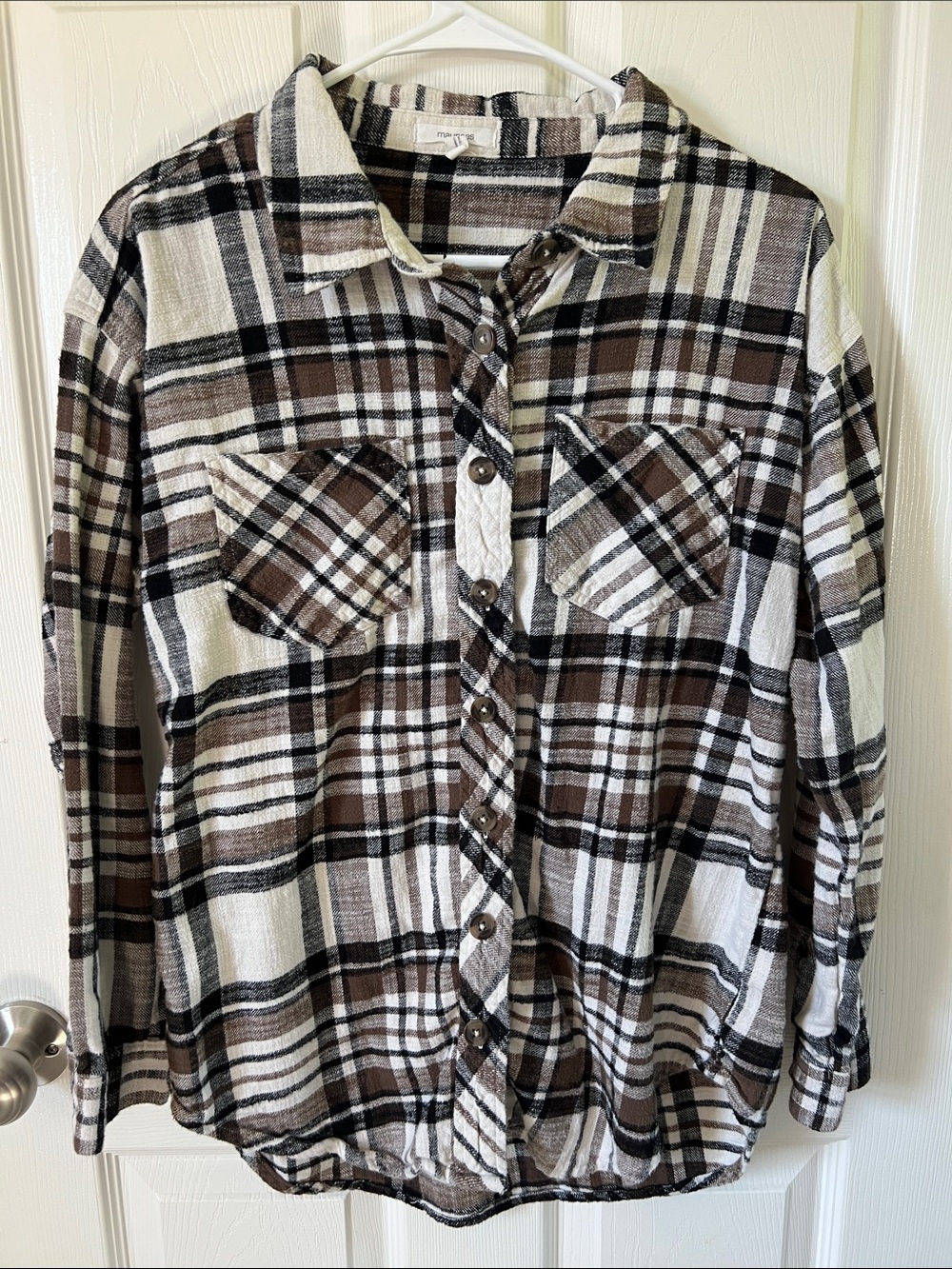 Maurices Brown Fall Plaid Flannel Shirt 100% Cotton Size Small Loose Fit